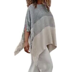 J.Jill‎ Colorblock Knit Fringe Poncho Sweater Womens Sz XL-3X Cozy Travel Boho